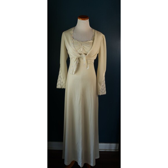 Vintage 70s Empire Waist Cream Maxi Dress Jacket Lace Trim Boho Prairie Bridal - Picture 2 of 16